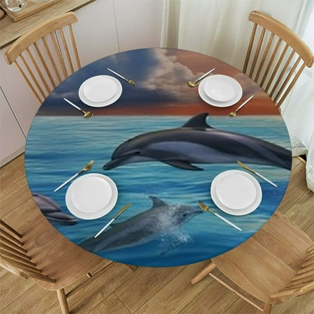 

HAOXIT Sea Animals Round Fitted Polyester Table Cover Jumping Dolphins in Sky Elastic Edged Kitchen Dining Table Cloth Fits Round Table for Party Holiday Spring/Summe 38-42