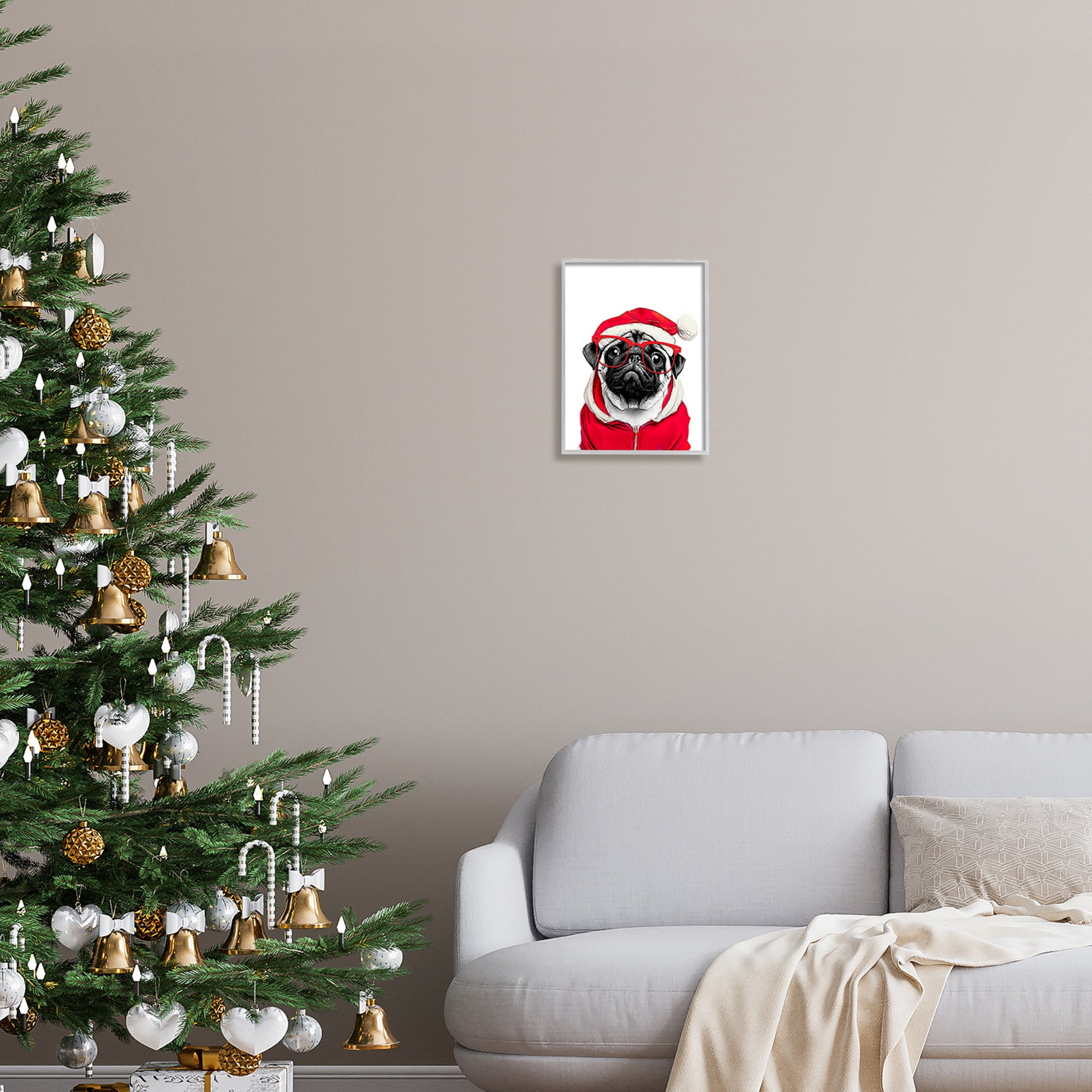 Stupell Industries Pug in Santa Hat Holiday Painting Gray Framed Art Print Wall Art, 11 x 14