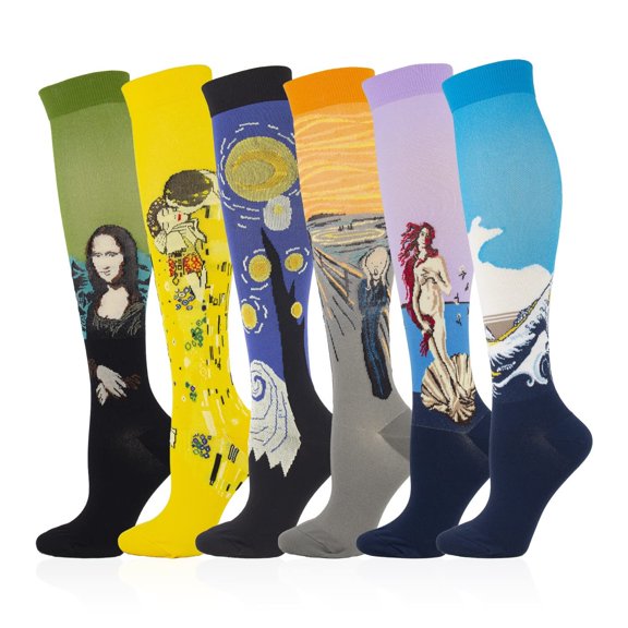 6 Pairs World Famous Paintings Copper Compression Socks for Women & Men Circulation 15-20 mmhg - Better Blood Flow, Swelling, Best Support for Medical, Running, Nursing