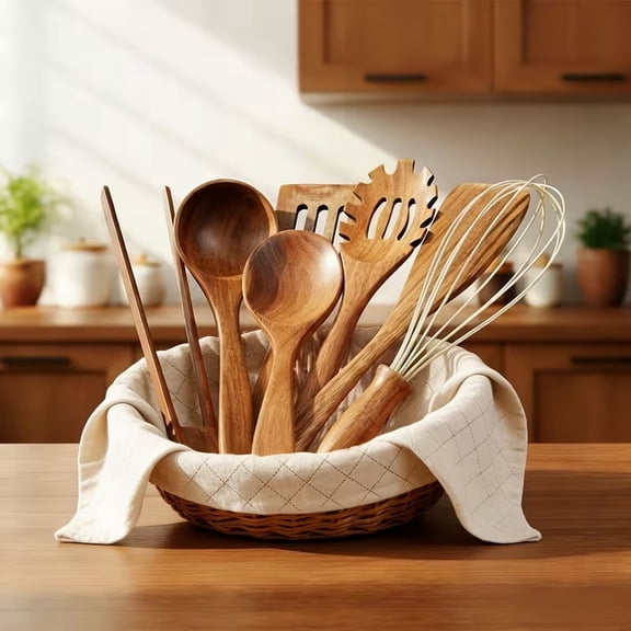 7 Pcs Wooden Kitchen Utensil Set with Spoon and Spatula Ladle Non-Stick Cookware Accessories