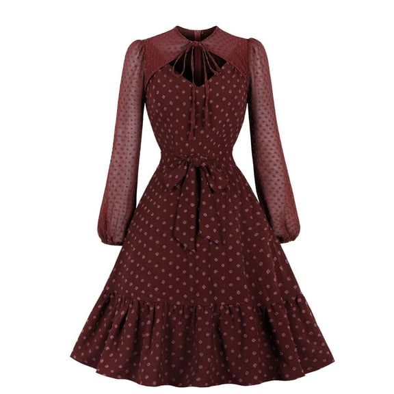Vintage 50s Dress for Women Sheer Mesh Long Sleeve Dress y Cutout Tie Front Polka Dot Retro Hepburn Dress