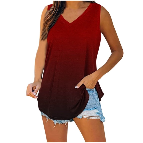 Kaemgyyd Tops for Women Trendy Gradient Sleeveless Loose Fit Tunic Shirts Casual Curved Hem Summer V Neck T Shirts