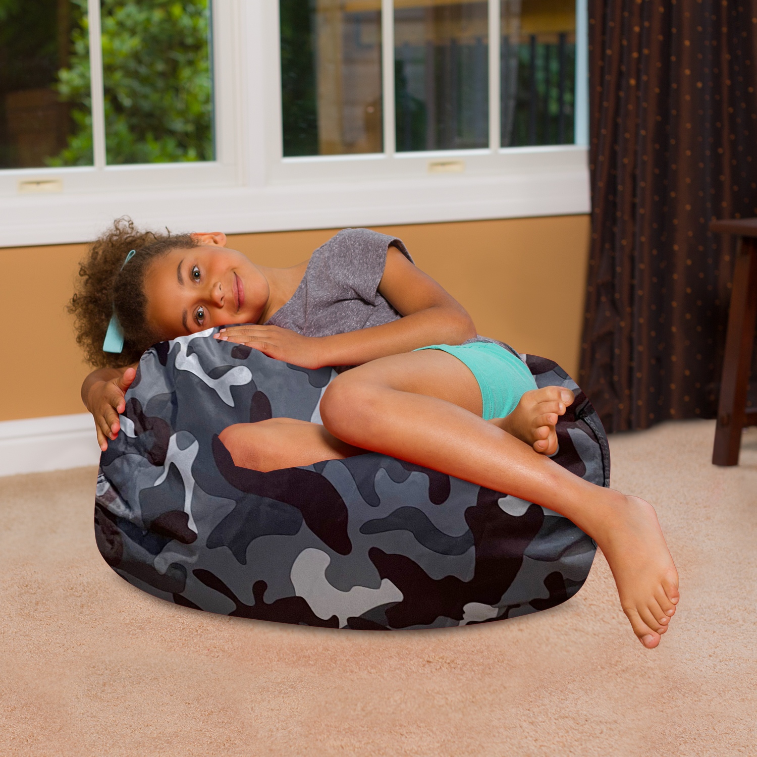 Posh Creations Bean Bag Chair for Kids, Teens, and Adults, 27in - Medium, Nylon Camo Dark and Black Gray