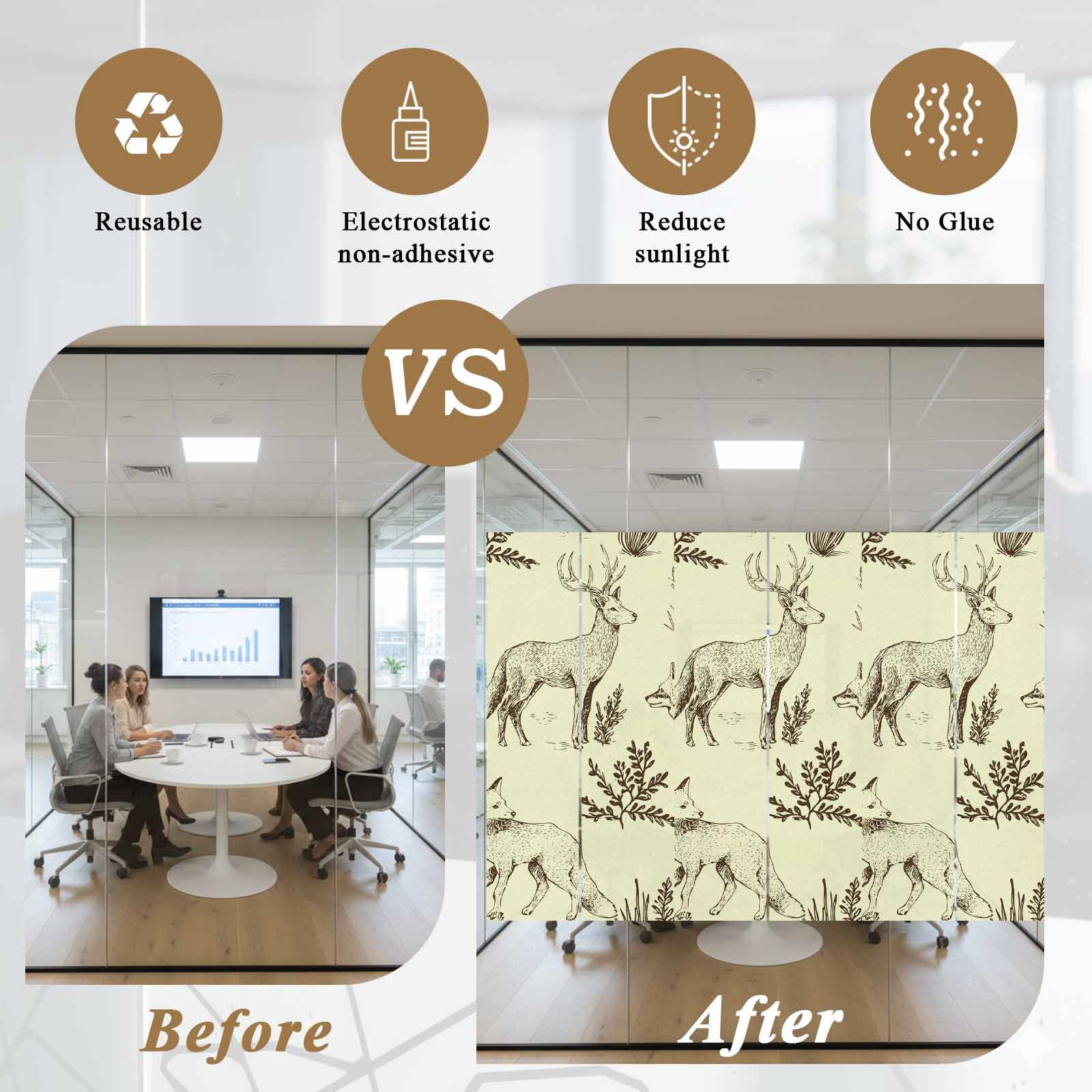 Forest Animal Window Privacy Film, Line Drawing Deer Fox Cool Wolf Spring Weed Casual Frosted Glass Window Clings Static Cling UV Heat Blocking Reusable Door Sticker for Bathroom 23.6 x 59 Inch