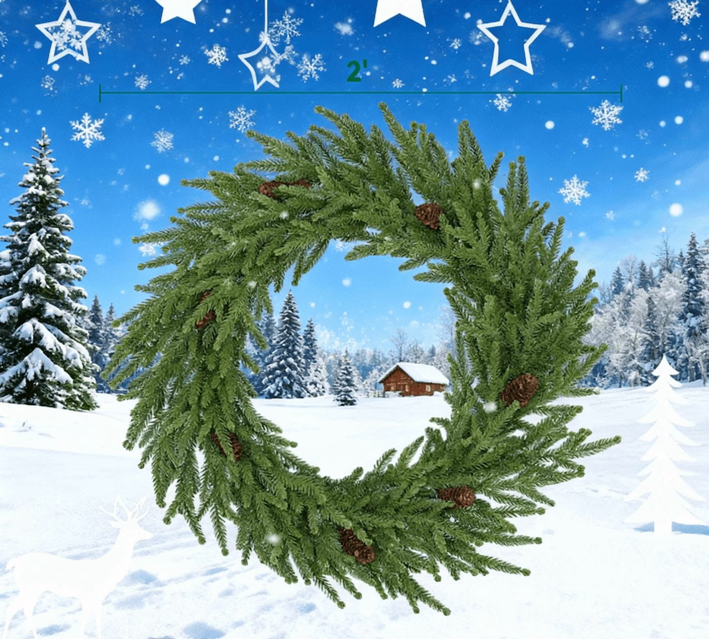 Christmas Wreath, Artificial Norfolk Pine Wreath with Pine Cones and 88 Realistic Branches for Door