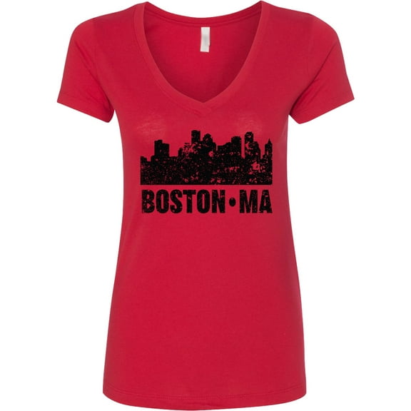Inktastic Boston Massachusetts City Skyline with Grunge Women's V-Neck T-Shirt