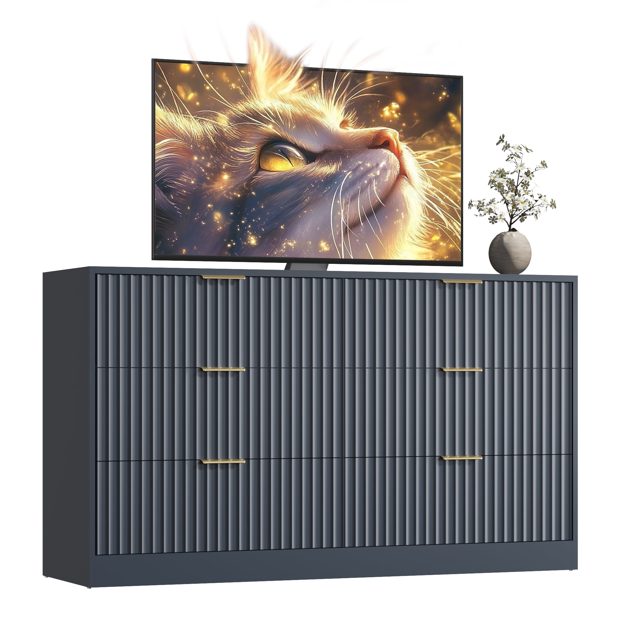 ASTUVIA 55.1" W Fluted 6 Drawer Dresser for Adult,Wooden Bedroom Dresser,Dresser TV Stand up to 65" for Living Room,Blue