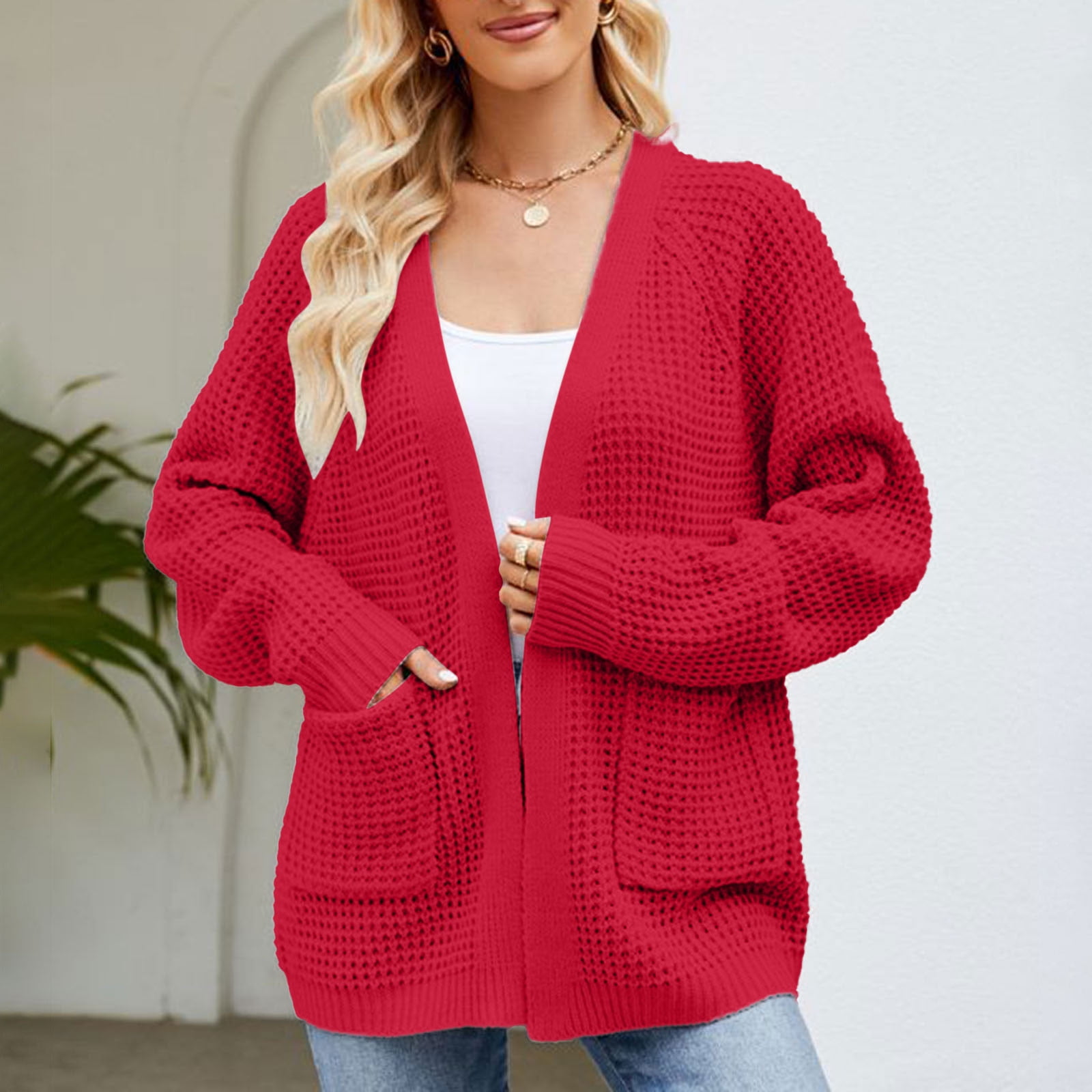 Virmaxy Cable Knit Cardigan Women's New Mid Length Slouchy Knitted Sweater  Cardigan Knit Cardigans For Women Red L 