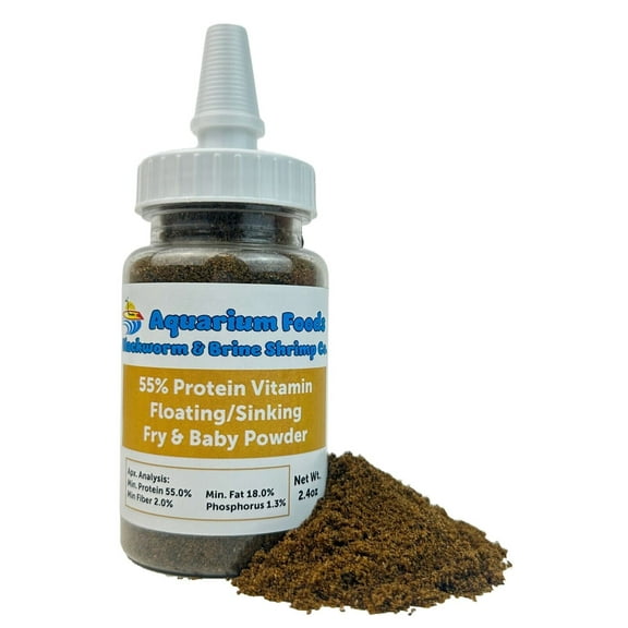 55% Protein Vitamin Rich Powder forFry & Baby Growth for All Fish, Baby Cichlids, Bettas, Tetras, Guppies, Goldfish, Baby Koi - 2.4oz Squeeze Bottle