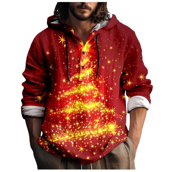 XDZJLR Christmas Shirts For Men Xmas Hooded Buttoned Linen Long Sleeve Sweatshirt Shirt Polo Shirts For Men Brick Red M