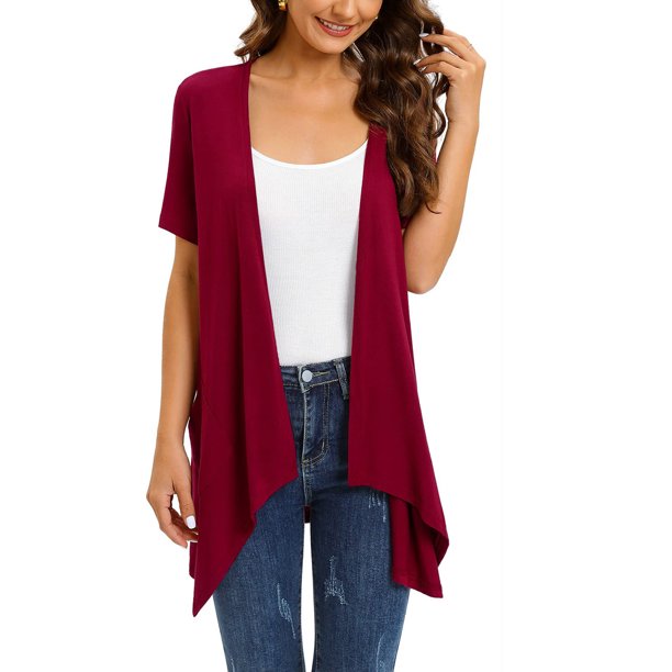 ICHUANYI Clearance Women Casual Solid Short Sleeve Cardigans Drape Open Front Lightweight Summer High Low Hem Tops With Pocket(Red, L) ICHUANYI WER2023080916057