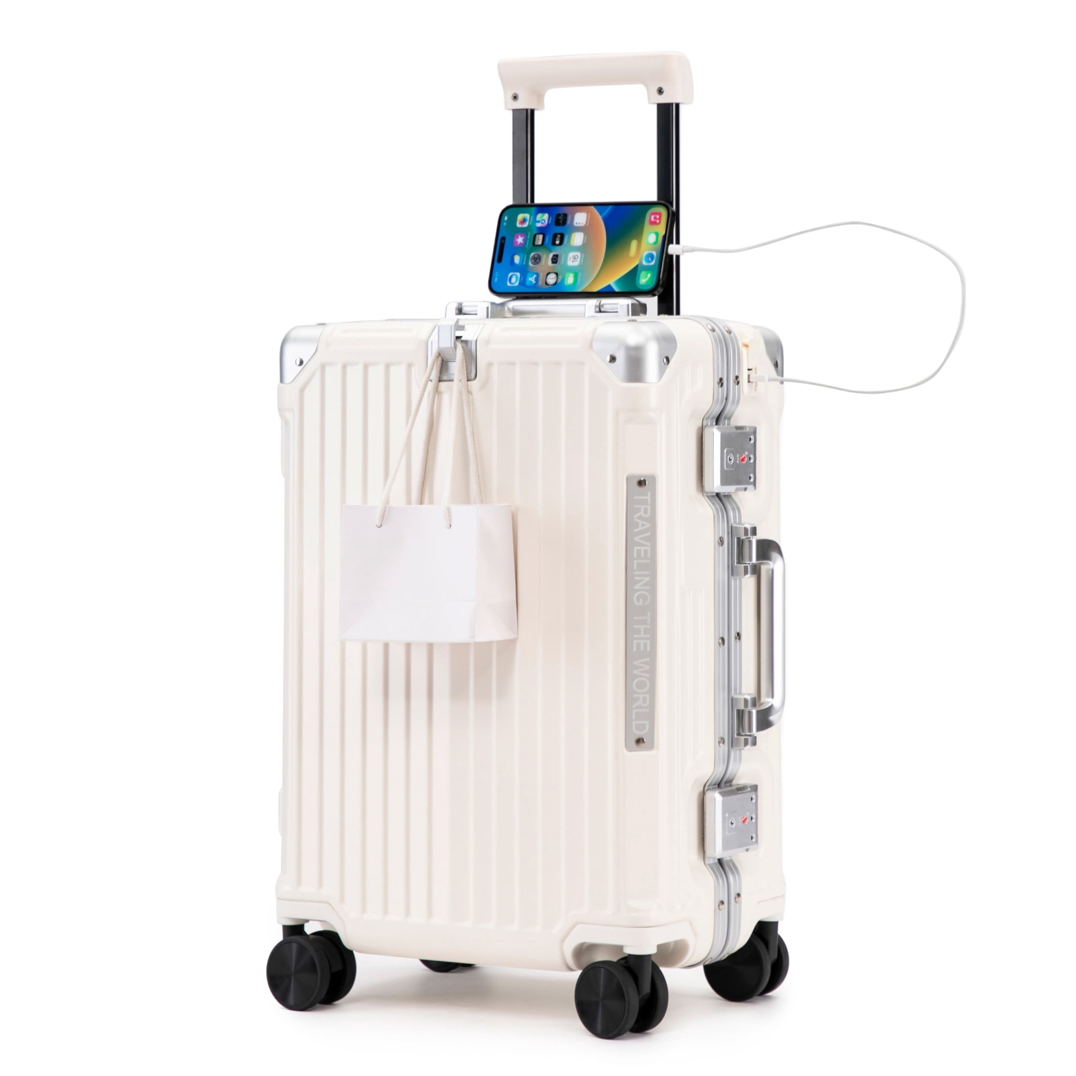GDF Studio 20" Aluminum Frame ABS Carry-On Luggage with Charging Port & Cup Holder, Spinner Wheels Travel Trolley, Milk White