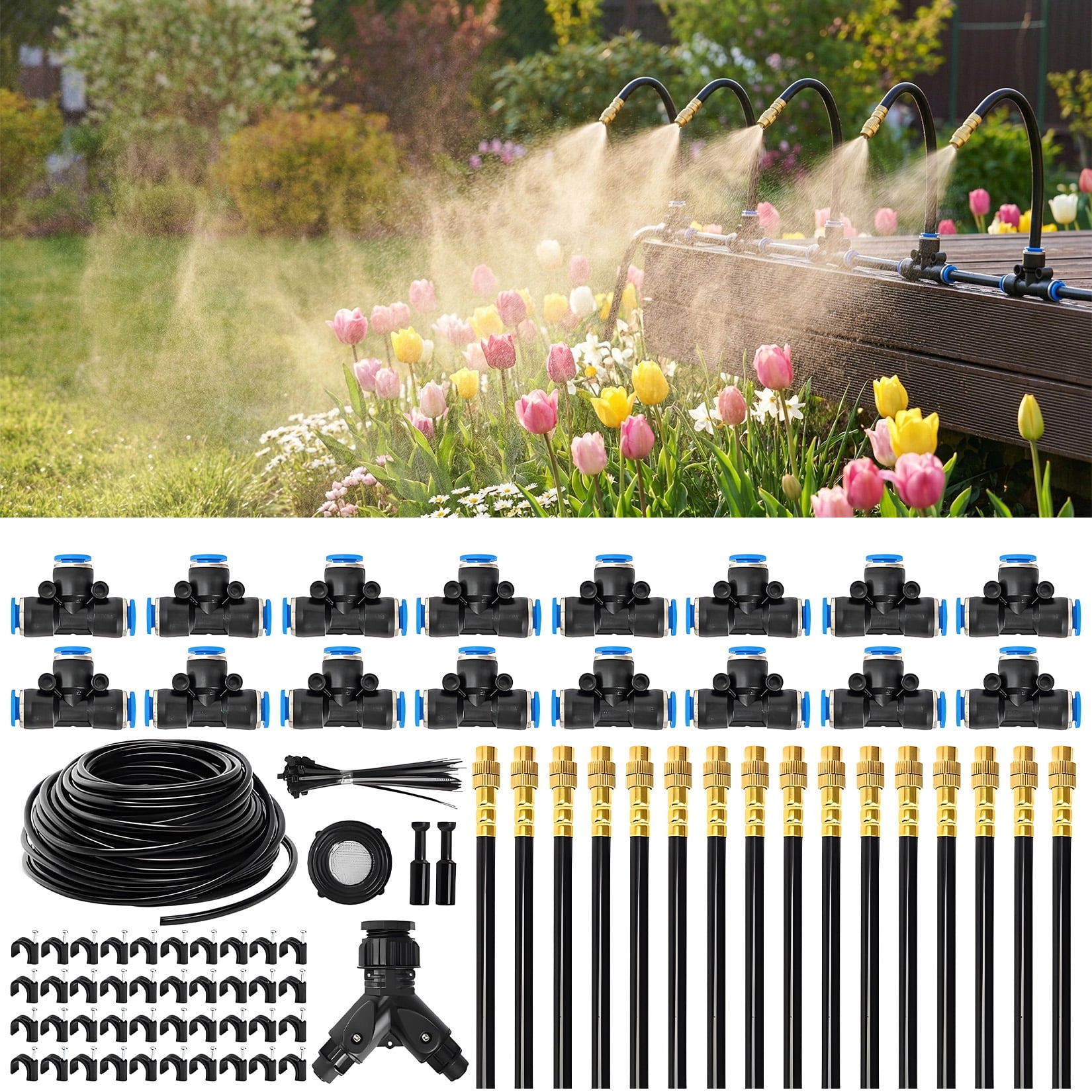 100 ft Drip Irrigation System Kit, Automatic Garden Watering System with Adjustable 360° Sprinklers, 1/4 inch Tubing, DIY Irrigation Set for Lawn, Plants, Greenhouse & Patio