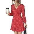 thumbnail image 3 of Vestido de mujer con estampado floral, cuello en V, manga larga tipo farol, dobladillo con volantes, cintura alta, vestido informal para dama, rojo, S, 3 of 7