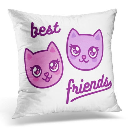 ECCOT Purple BFF Two Cute Anime Kitties Best Friends Forever Cartoon Pink Cat Faces Drawing Text Adorable Pillowcase Pillow Cover Cushion Case 16x16
