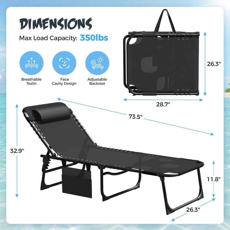 Lacoo Teslin Foldable Lounge Chair, Outdoor Chaise Lounge with Sauna, 5-Position Adjustable Beach Chair, Black