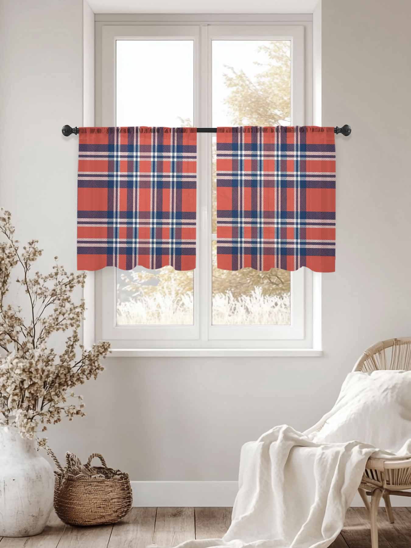 Orange And Sheer Curtains for Living Room Bedroom, Blue British Style Plaid Light Filtering Sheer Curtains, Rod Pocket Voile Window Drapes, 2 Panels Set 52"x 54"