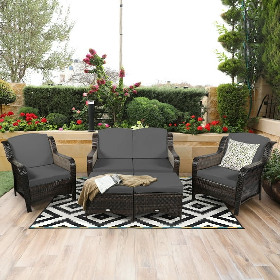 Costway 5 Pieces Patio Furniture Set Outdoor Rattan Conversation Sofa Set W/ Cushions