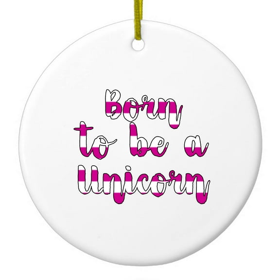 DistinctInk Hanging Ceramic Christmass Tree Ornament with Gold String - Great Gift / Present - 2 3/4 inch diameter - Born to be a Unicorn