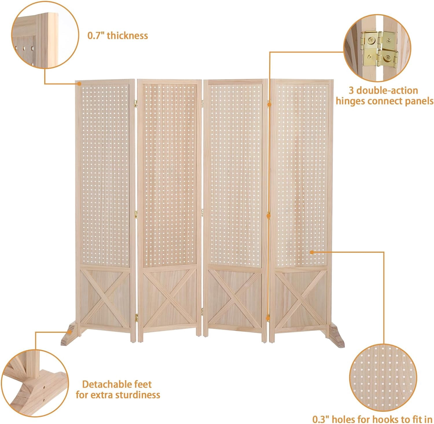 VINGLI Freestanding Pegboard with Support Feet, 5 FT Wood Room Divider Display Board Organizer, Folding Privacy Screen Partition Space Separator for Craft Shows Events Retail