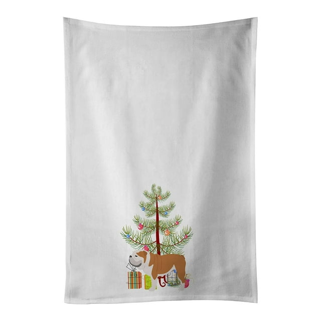 Juego De 2 Toallas De Cocina Blancas Con Diseño De Bulldog Inglés, Diseño De Árbol De Navidad