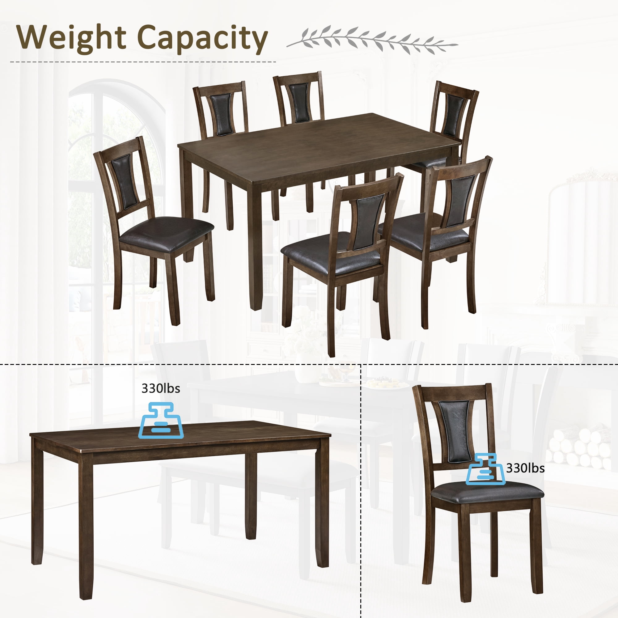 BSHTI 58.5" Walnut Wood 7-Piece Dining Table Set with 6 Upholstered Chairs, Stable Structure, Comfortable Seating for Dining Room(Walnut)