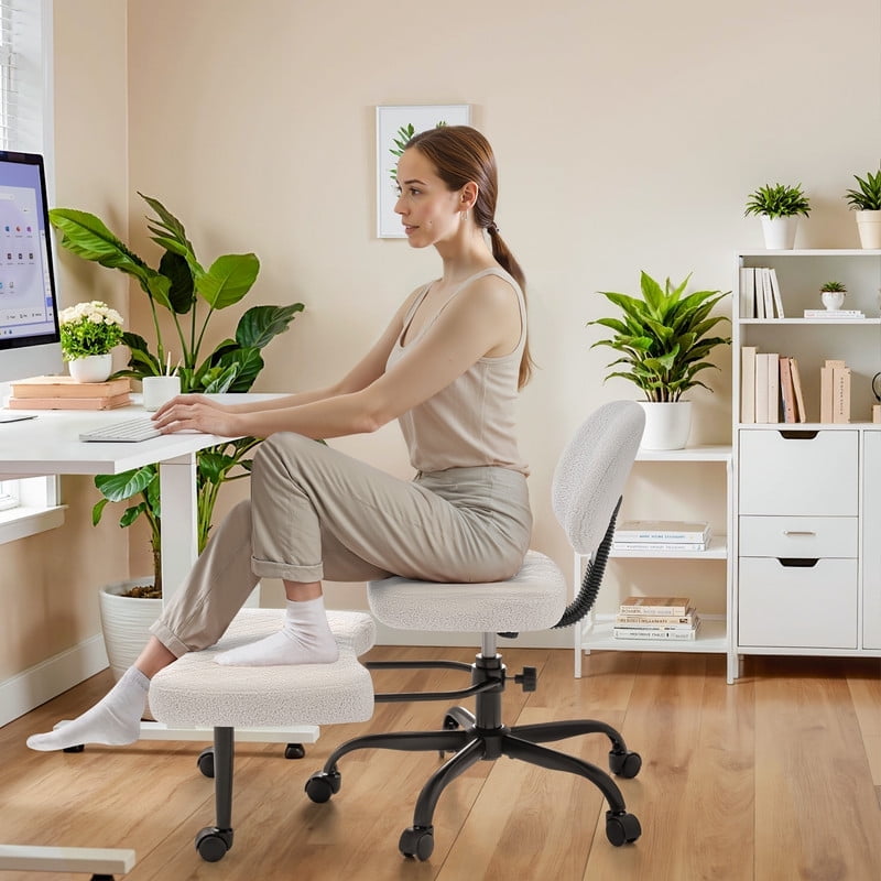 Homall Ergonomic Cross Legged Chair,360°Swivel Wheels, Height Adjustable Ergonomic Kneeling Desk Chairs for ADHD,Meditation ,Yoga and Home Office with Strong Lumbar Support,Teddy Fabric,Off White