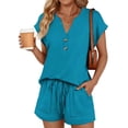 thumbnail image 2 of Women's 2 Piece Lounge Sets Oversized Henley Top & Shorts,Soft Rayon Wrinkle Resistant Travel Outfits with Pockets,Blue XXL, 2 of 8