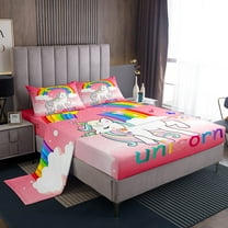 Pink Unicorn Kids Bed Sheets Set for Girls Queen Kawaii Rainbow Unicorn Sheets Cute White Horse Bedding Set Geometric Stars Cloud Sheet Set Ombre Unicorn Flat Sheet   Fitted Sheet   2 Pillow Cases