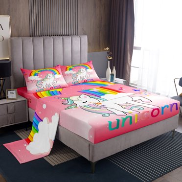 Pink Unicorn Kids Bed Sheets Set for Girls Queen Kawaii Rainbow Unicorn Sheets Cute White Horse Bedding Set Geometric Stars Cloud Sheet Set Ombre Unicorn Flat Sheet   Fitted Sheet   2 Pillow Cases