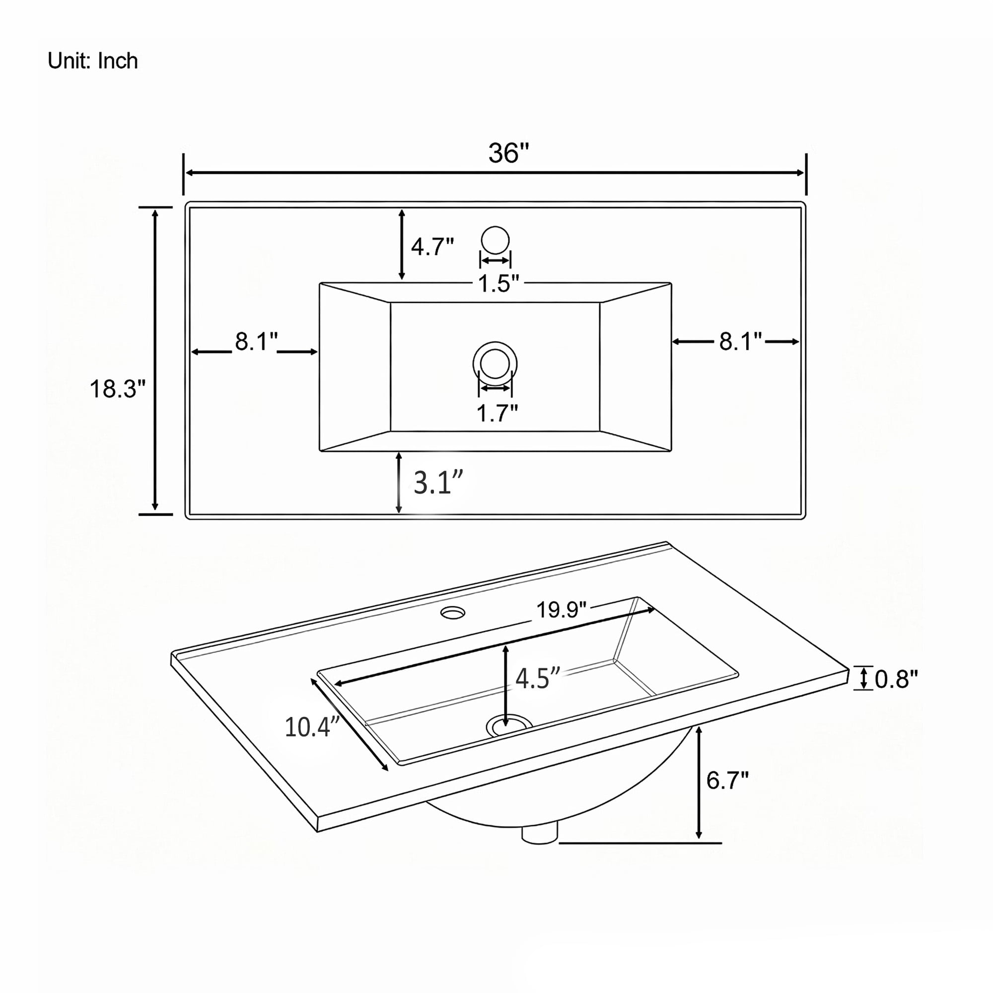 Leumius 36" Ceramic Basin Sink,Ultra-Thin 0.8" Rim,Single Faucet Hole,Wall-Mount or Vanity Compatible,White