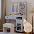 thumbnail image 4 of Yesfashion Large Vanity Desk with 3 Color Led Lighted Mirror and Power Outlet, Makeup Vanity Table with Drawers, Cabinet and Open Storage Shelves, Vanity Table, Dressing Table, 4 of 7