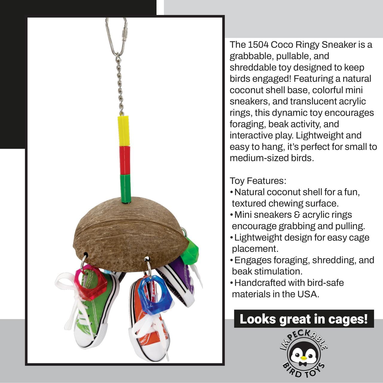 1504 Coconut Ringy Sneaker Bird Toy with Coconut Shell Mini Sneakers Acrylic Rings – Handcrafted by Impeckable Bird Toys – For Medium Birds Chewing Tugging Enrichment Fun