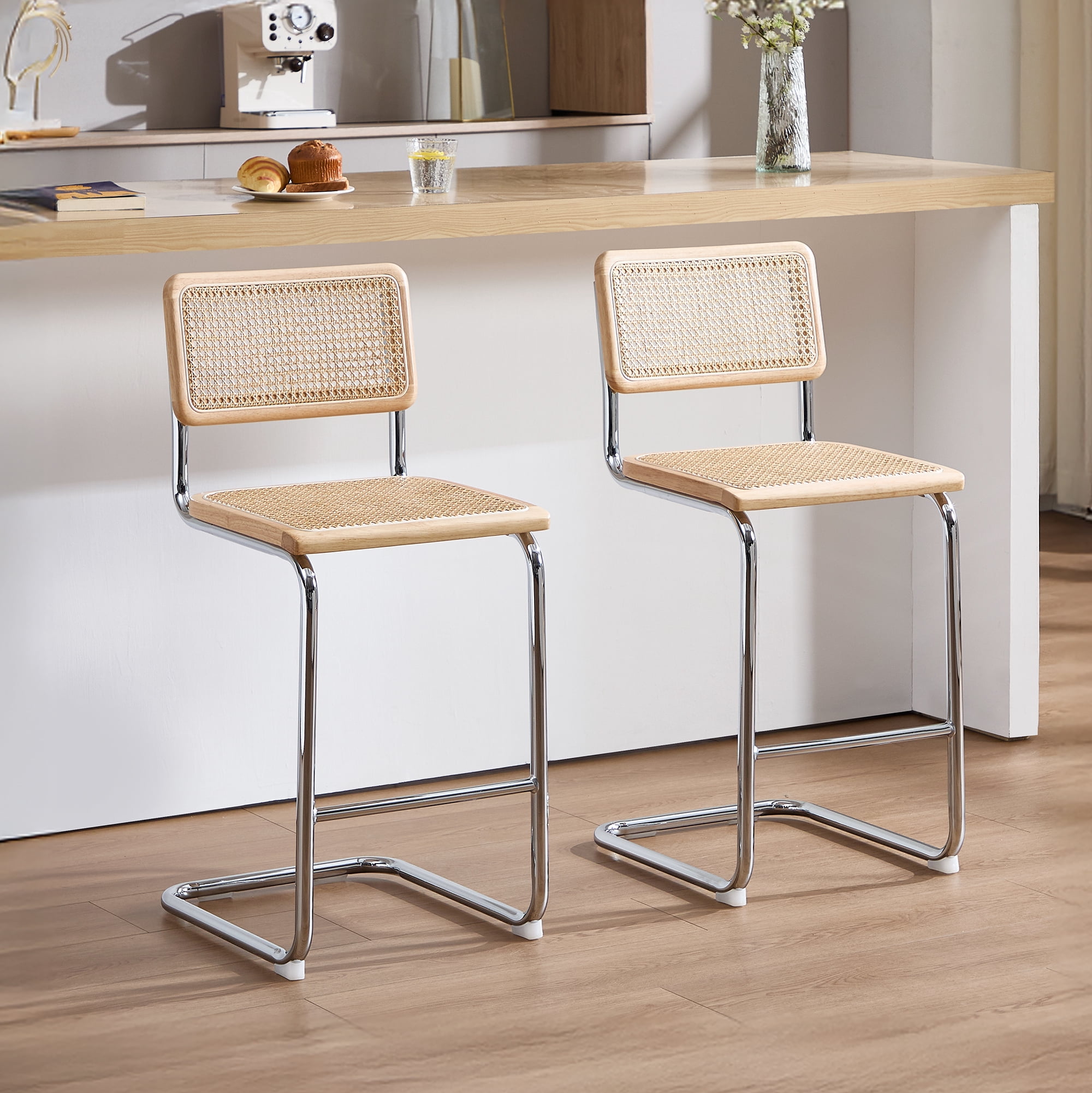 Zesthouse Rattan Counter Height Bar Stools Set of 2, 24.8" Counter Height Chairs with Cane Back, Mid Century Modern Barstools for Kitchen Island, Natural
