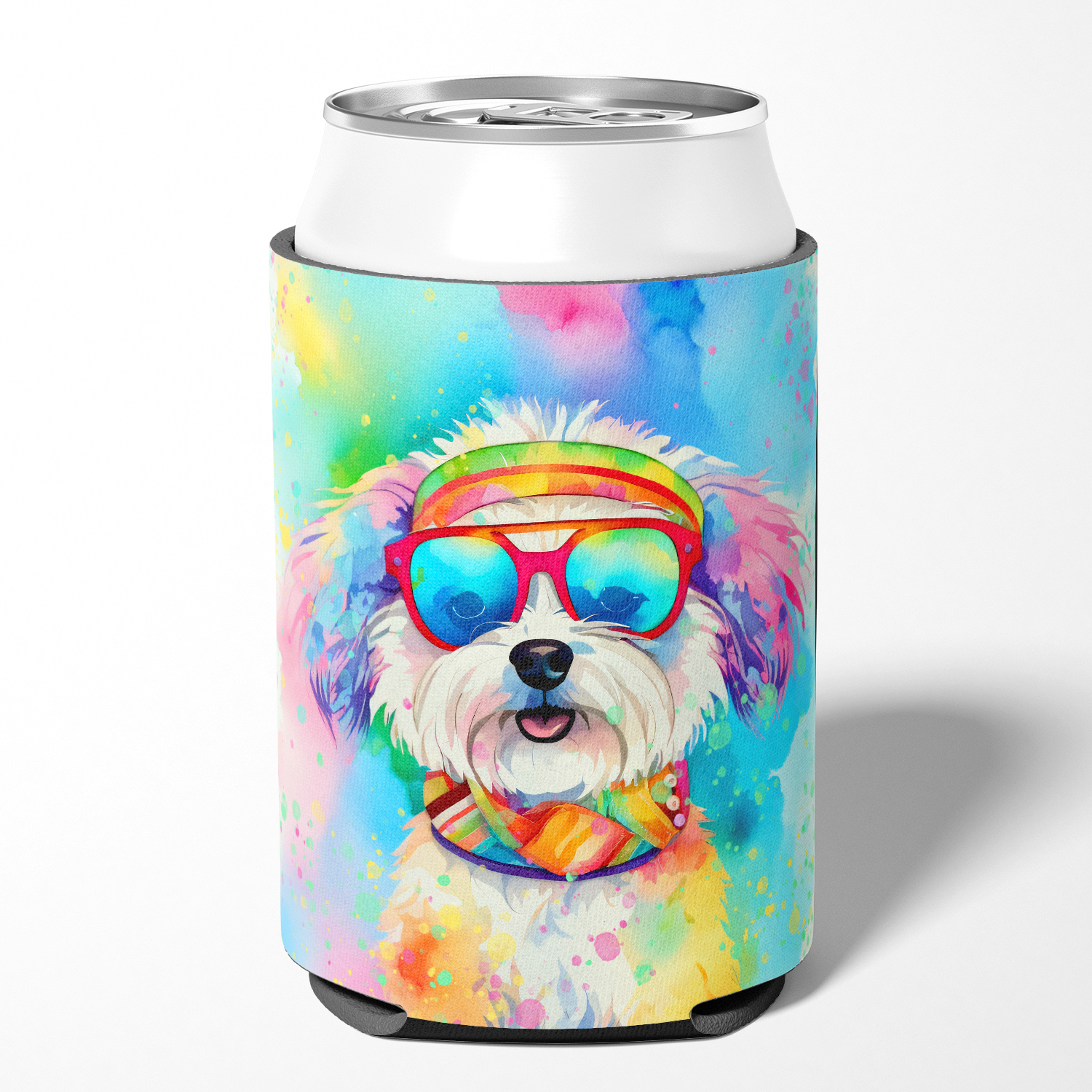 Bichon Frise Hippie Dawg Can or Bottle Hugger 3 in x 5 in