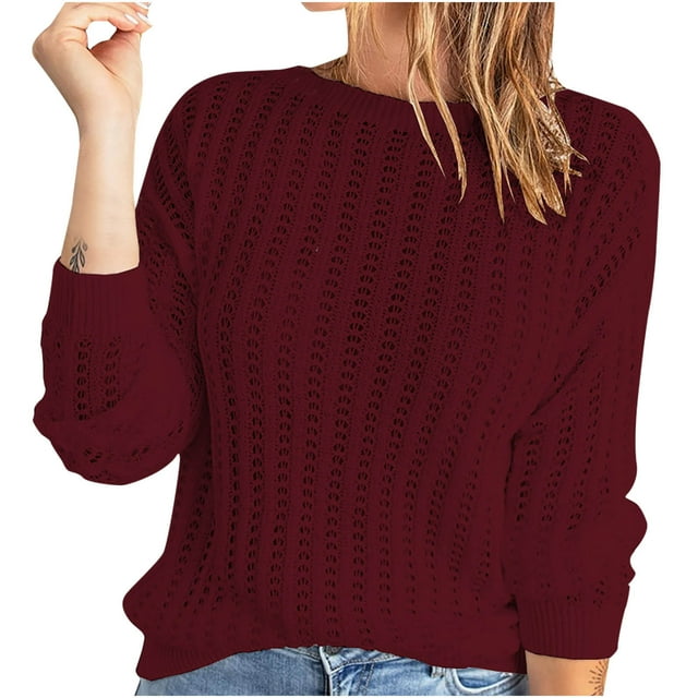 Chandails d'Automne pour Femmes 2022 Manches Longues Col Rond Tricoté Ajouré Chandails Couleur Unie Décontracté Confortable Hauts