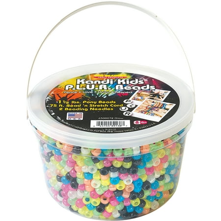 The Beadery Kandy Kids P.L.U.R Bead bucket, 1.5 lbs. of glow in the dard beads, 75 ft. stretch cord & 2 beading needles