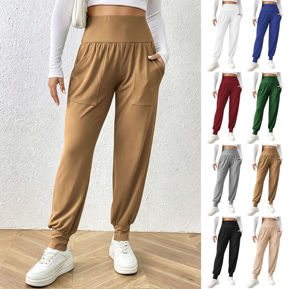 ClodeEU Women's High Waisted Smocked Waist Jogger Pants,Casual Loose Fit Joggers with Elastic Cuffs Beige,Women's Plus L