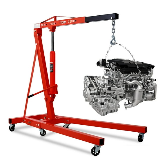 2 Ton/4000 LBS Engine Hoist, Heavy-Duty Folding Cherry Picker Shop Crane with 8-Ton Hydraulic Cylinder & 6 Swivel Casters, Portable Hydraulic Hoist Lift for Engine Transmission Removal（Red）