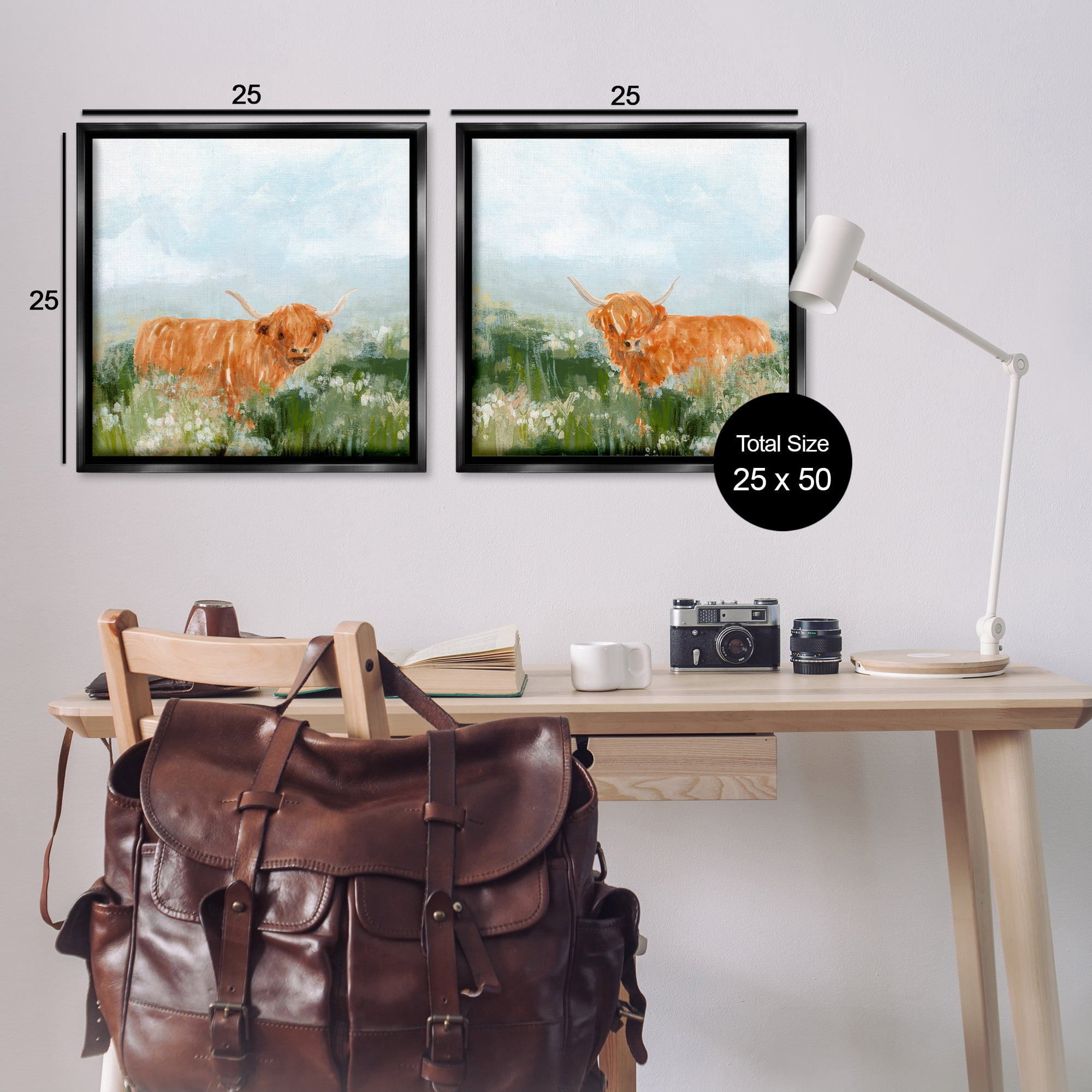 Stupell Industries Shaggy Highland Cow in Field Animals Painting Black Floater Framed Canvas Art Print Wall Art, 25 x 25, Set of 2