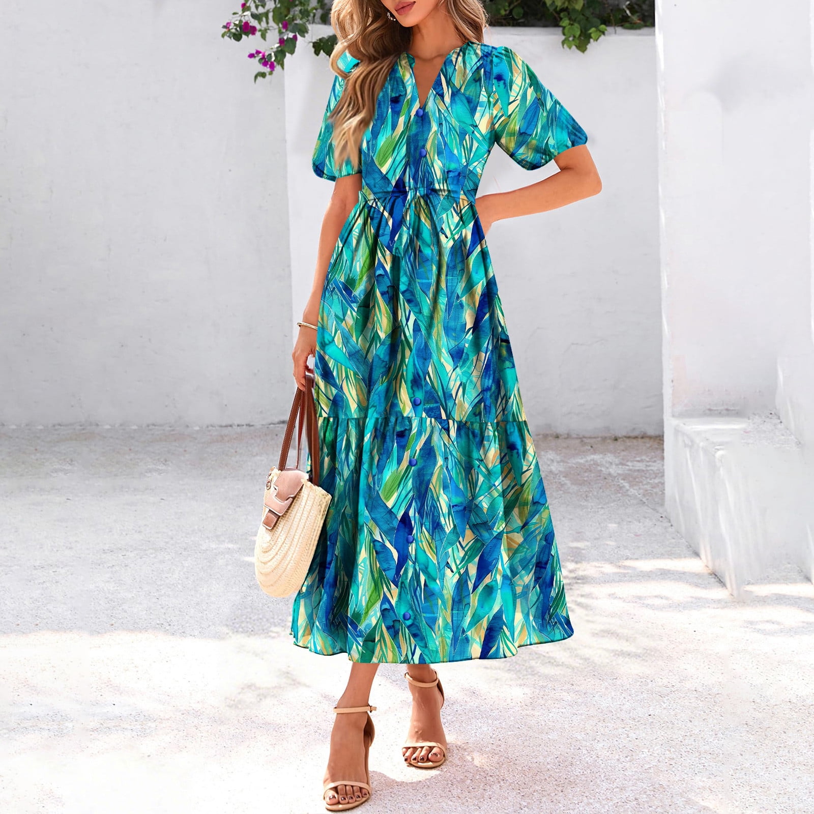 Weiqiqre Plus Size Dresses for Curvy Women Floral V Neck Puff Sleeve Empire Waist A Line Flowy Long Beach Boho Dress