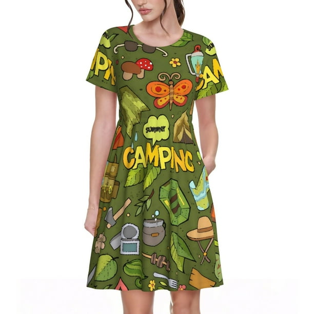 Balery Camping 1 Vestidos sueltos de manga corta para mujer, vestidos de verano 2025, vestidos casuales de corte A con vuelo.