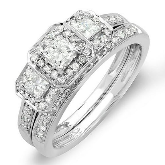 Dazzlingrock Collection 1.00 Carat (ctw) 14k Round & Princess Cut 3 Stone Diamond Ladies Engagement Ring Matching Wedding Band Set 1 CT, White Gold, Size 5