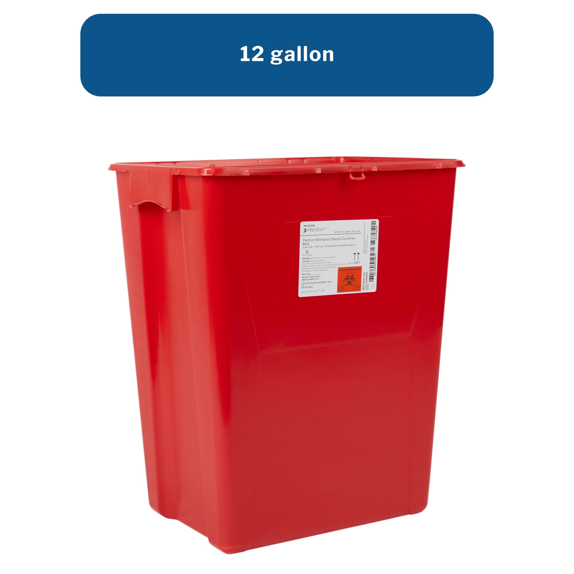 McKesson Prevent Biohazard Sharps Container, Premium - PG-II, Plastic, Vertical Entry, Rotating Lid - Red, 12 gal, 13 in x 17 3/10 in x 20 4/5 in, 1 Ct