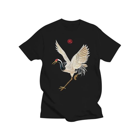 Elegant Japanese Crane Embroidery Plus Size Design Apparel Unisex T-Shirt S387, up to Size 5XL