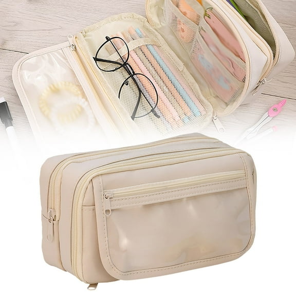 HandyHome 1pc Large Capacity Pencil Case, Multi Compartments Pencil Pouch with Pockets & Mesh Bags, Flip Cover Pencil Bag with Zipper, High Quality Multi-Purpose Stationery Oraganizer, Beige