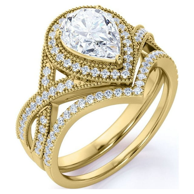 Conjunto nupcial JeenMata de moissanita de corte pera de 1,5 quilates - Conjunto nupcial - Anillo art déco - Anillo con halo - Anillo de racimo - Bañado en oro amarillo