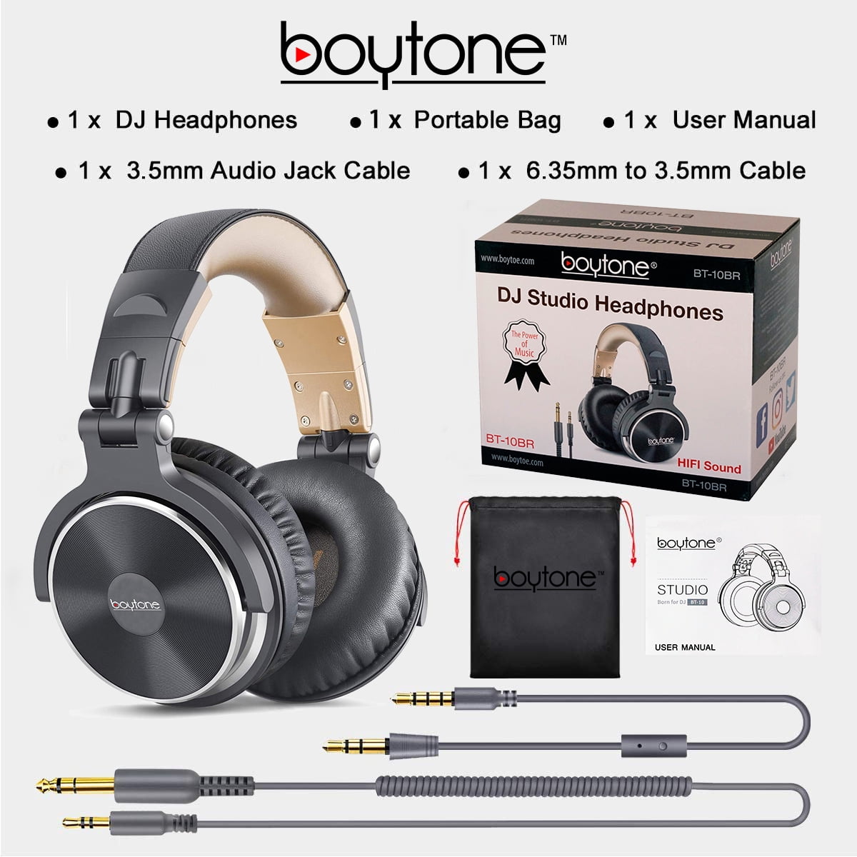 Boytone BT-10BR Wired Over Ear Headphones Studio Monitor & Mixing DJ Stereo Headsets with 50mm Drivers and 1/4 to 3.5mm Audio Jack for Audio Mixer Computer, Phone, Guitar, Laptop, Amplifire, TV