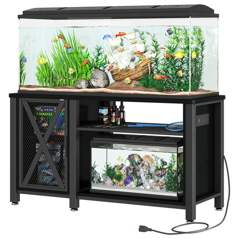 DWVO Metal Aquarium Stand with Power Outlets and Cabinet for Fish Tank Accessories Storage - Suitable for 55-75 Gallon Fish Tank Stand, Turtle Tank