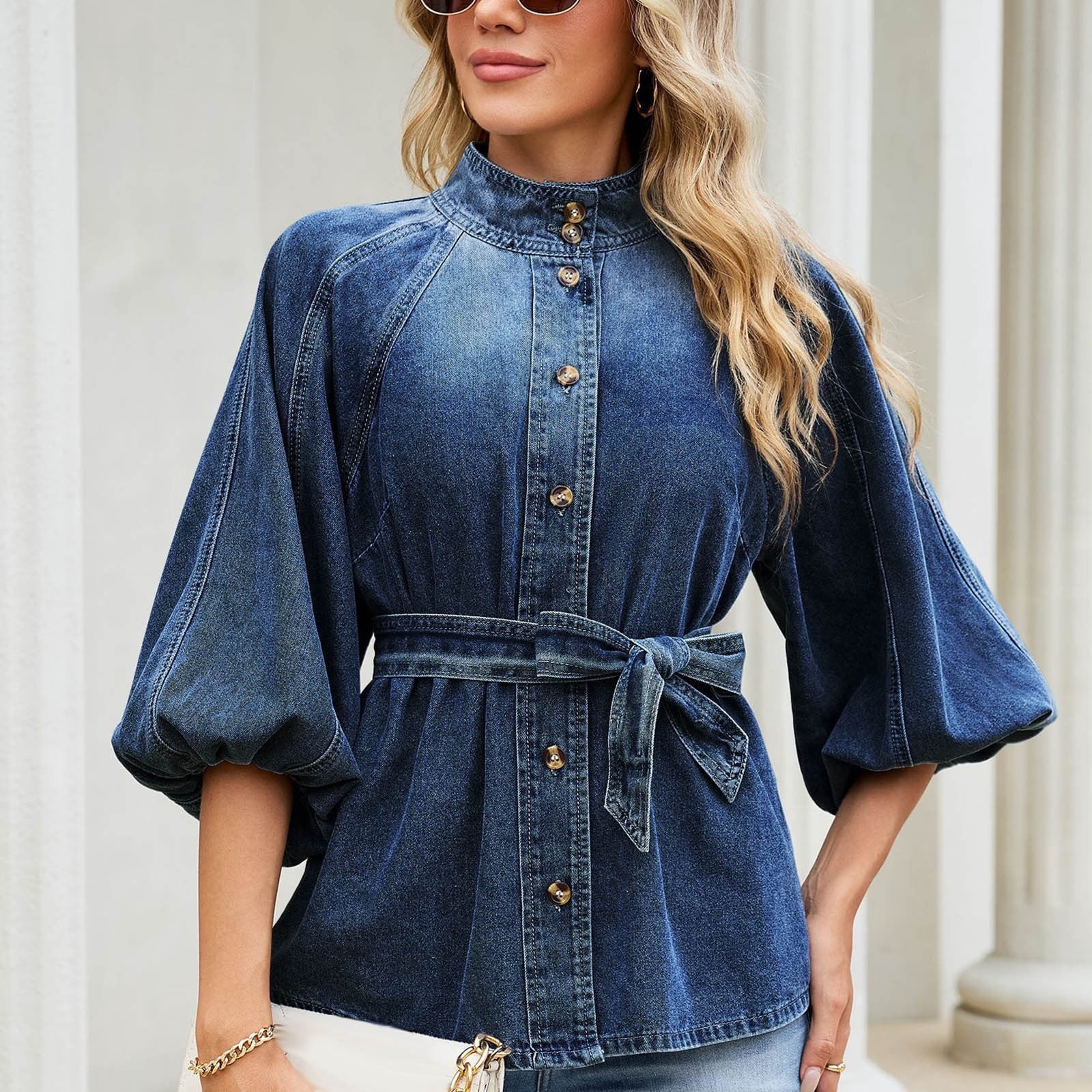 Ke1Clo 3/4 Sleeve Tops for Women Casual Fashion Button Down Tie Front Puff Sleeve High Neck Loose Denim Blouse Curved Hem Flowy Bandage Fall Top Dark Blue L